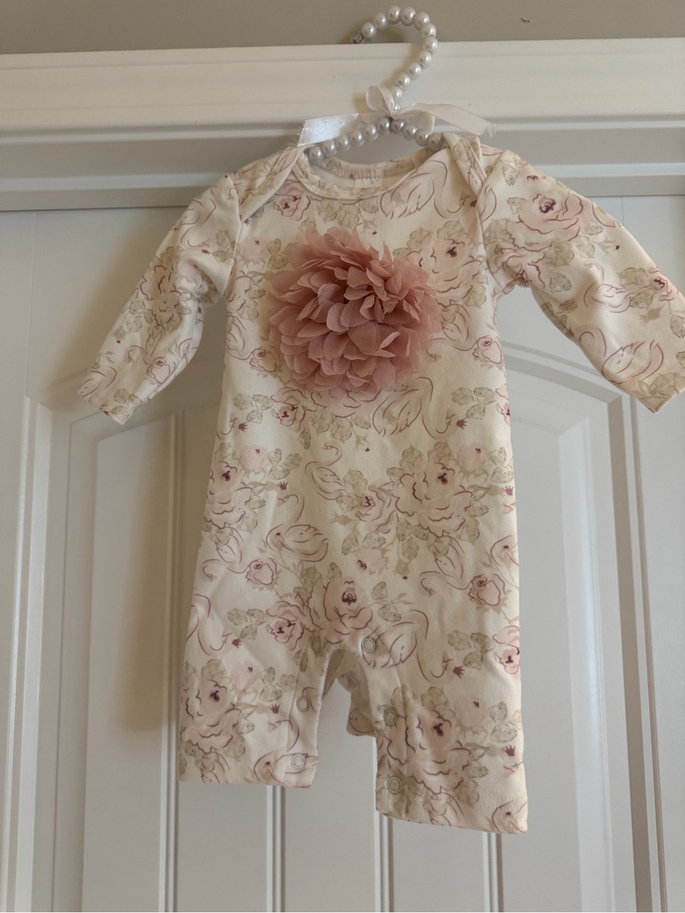 Baby Essentials Cream Floral One-Piece with Blush Pink Flower